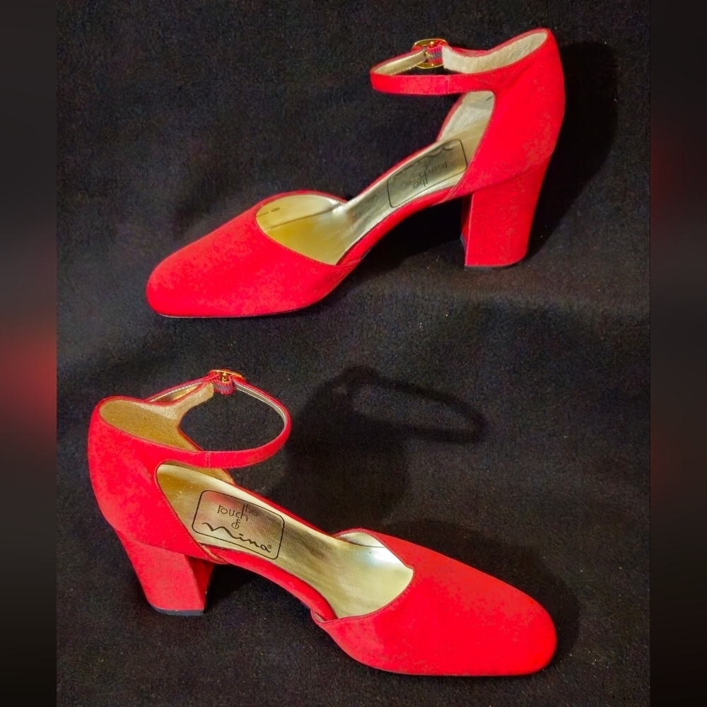 Nina Vibrant Red Satin Ankle Strap Block Heel Shoes - Size 6